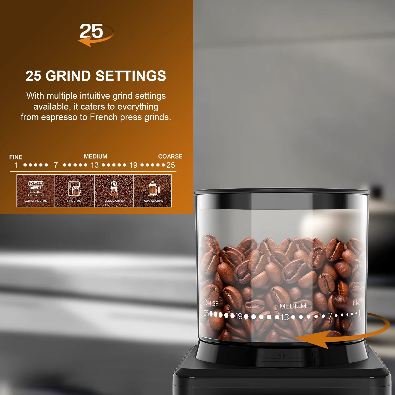 Coffee Grinder Automatic Electric Conical Grinder with Powder Blower 25 Precise Grindings for Espresso French Press 2-12 Cups