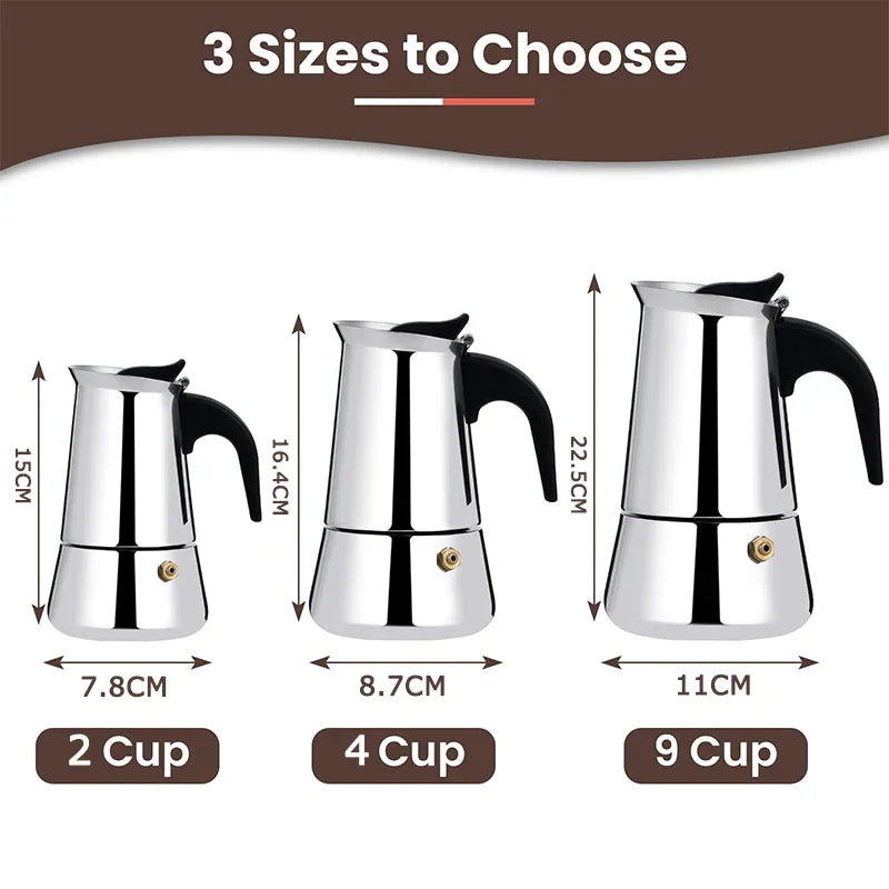 2/4/6/9Cup Coffee Maker Stainless Steel Espresso Maker 100-470ML Mocha Pot Espresso Maker For Home Kitchen Camping
