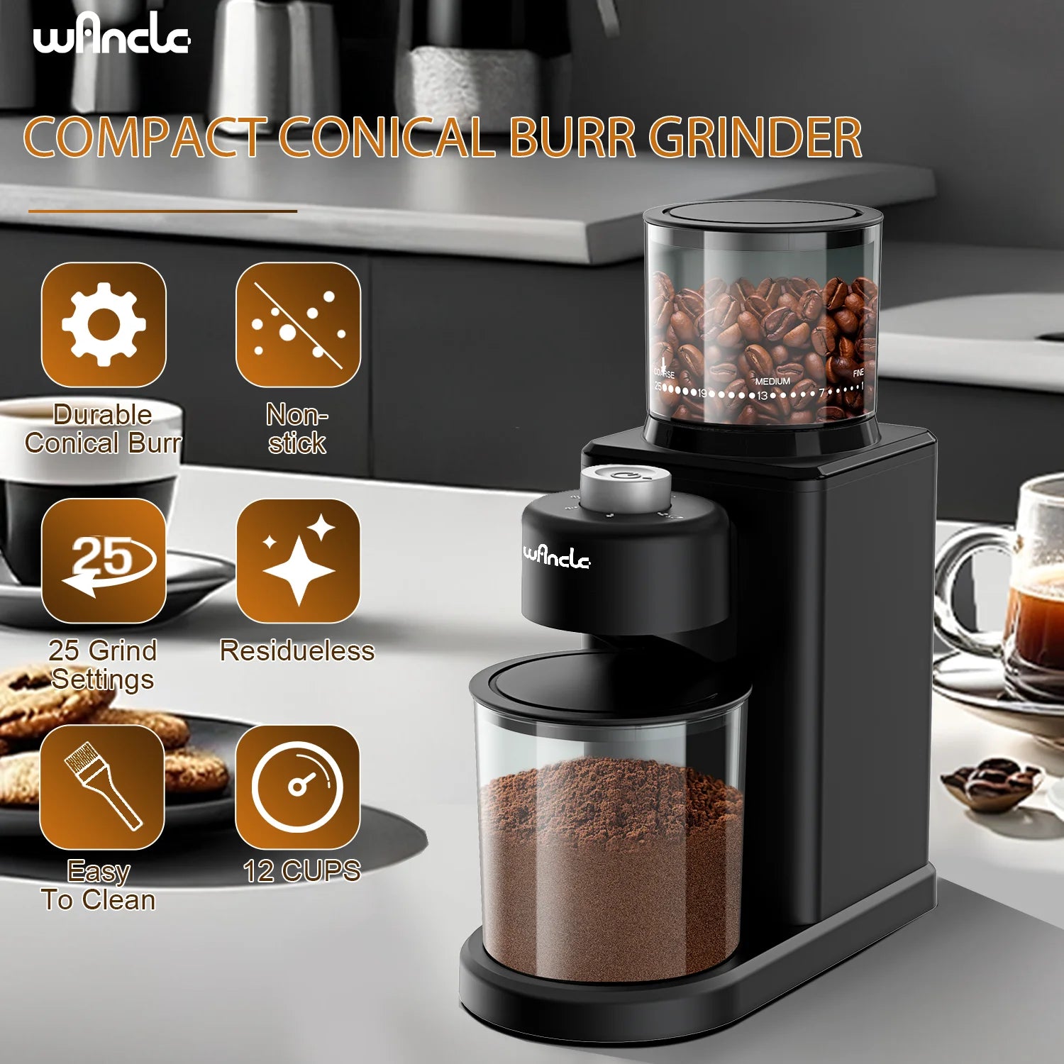 Coffee Grinder Automatic Electric Conical Grinder with Powder Blower 25 Precise Grindings for Espresso French Press 2-12 Cups