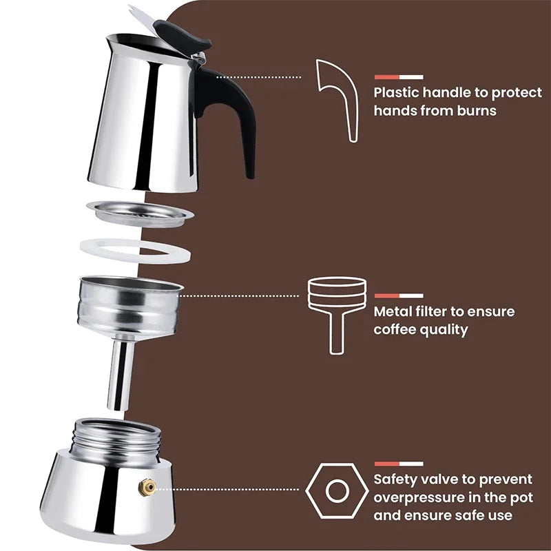 2/4/6/9Cup Coffee Maker Stainless Steel Espresso Maker 100-470ML Mocha Pot Espresso Maker For Home Kitchen Camping