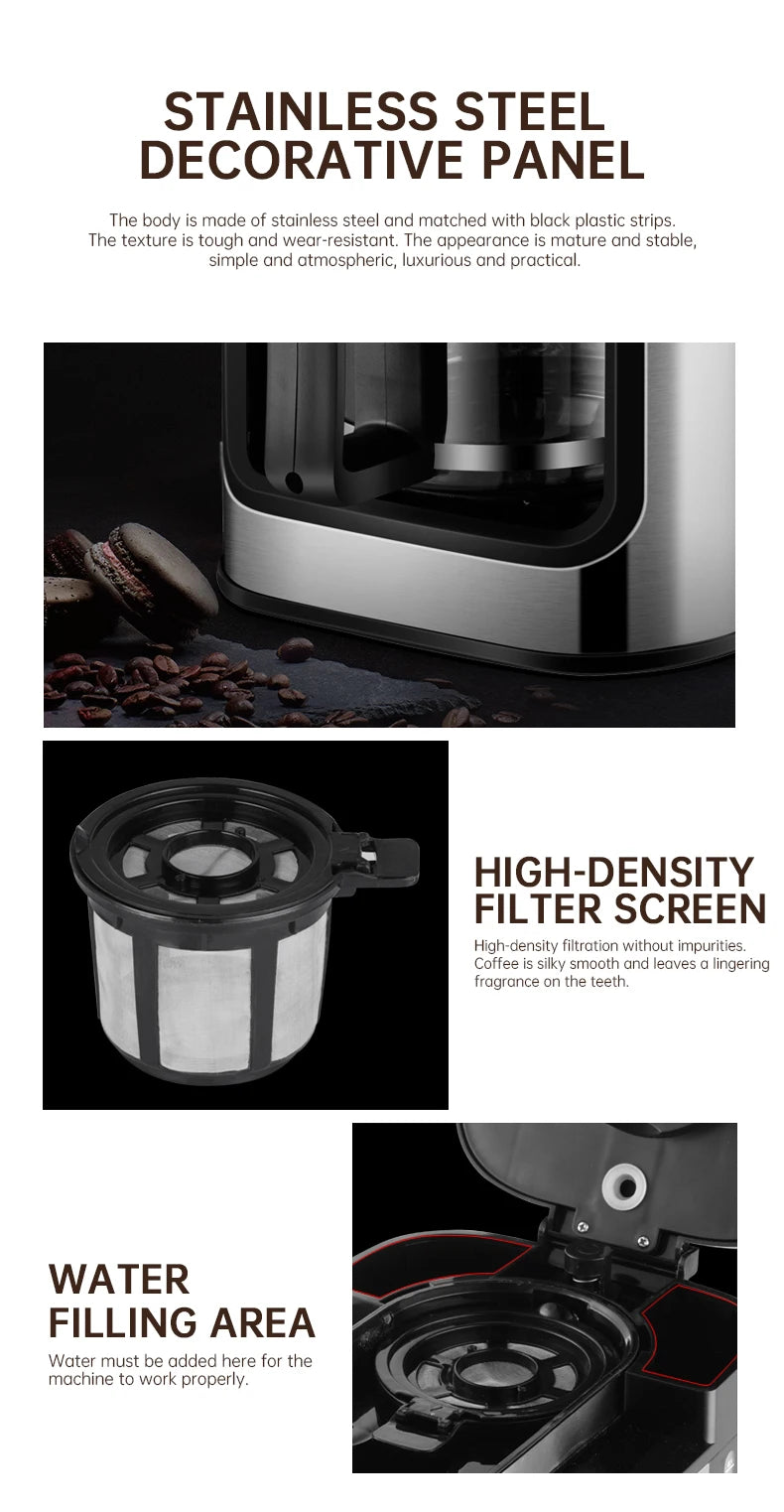 Fully automatic American coffee machine，Coffee beans or powder can be used，Electric grinding drip coffee machine 2-in-1