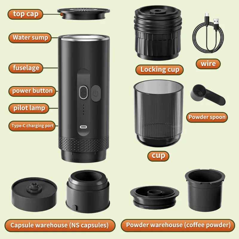 Wireless Electric Espresso Coffee Machine for Car & Home Camping Portable Coffee Maker 2-in-1 Capsule Powder Travel Coffee Maker