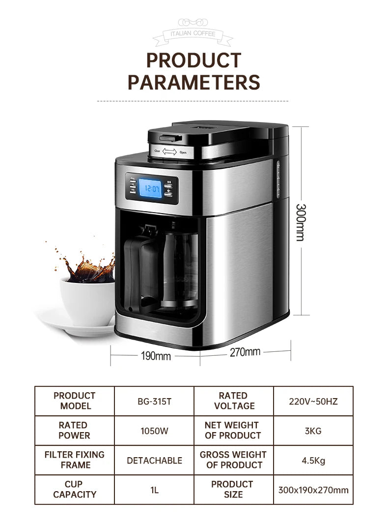 Fully automatic American coffee machine，Coffee beans or powder can be used，Electric grinding drip coffee machine 2-in-1