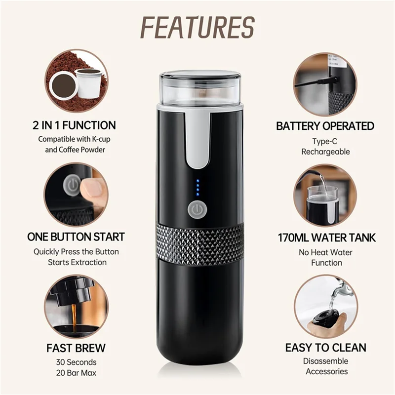 A69E2X Portable Espresso Maker, Electric Travel Coffee Machine For Office Travel Camping Fit Coffee Powder & Coffee Capsule