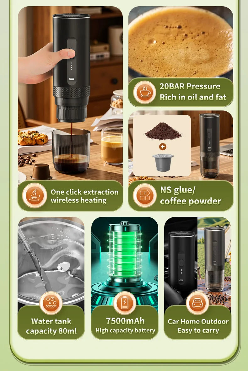 Wireless Electric Espresso Coffee Machine for Car & Home Camping Portable Coffee Maker 2-in-1 Capsule Powder Travel Coffee Maker