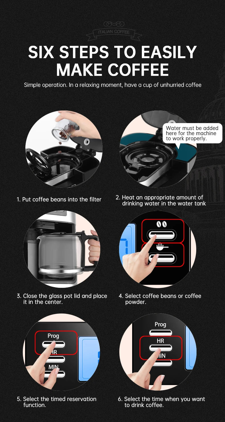 Fully automatic American coffee machine，Coffee beans or powder can be used，Electric grinding drip coffee machine 2-in-1