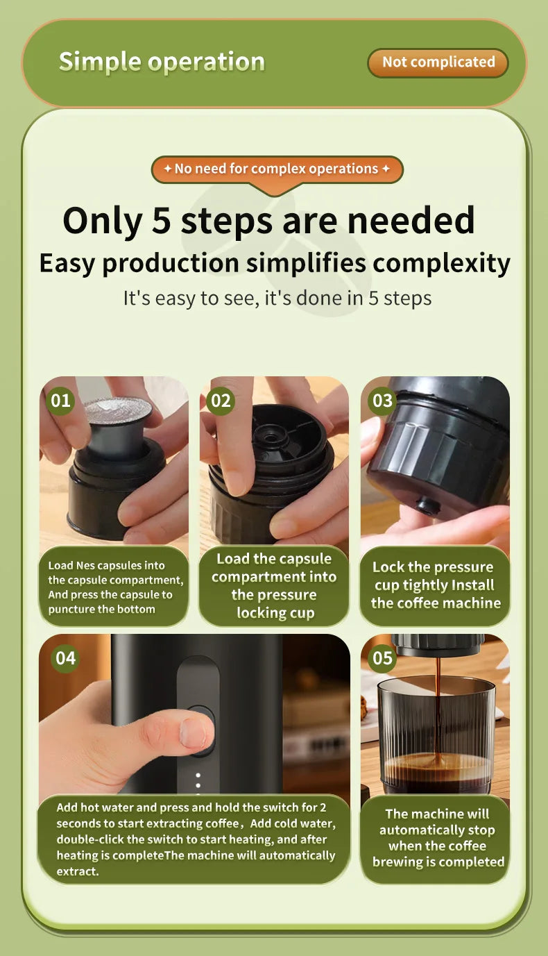 Wireless Electric Espresso Coffee Machine for Car & Home Camping Portable Coffee Maker 2-in-1 Capsule Powder Travel Coffee Maker