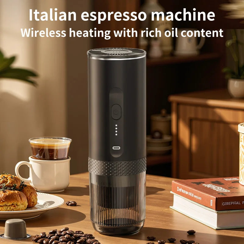Wireless Electric Espresso Coffee Machine for Car & Home Camping Portable Coffee Maker 2-in-1 Capsule Powder Travel Coffee Maker