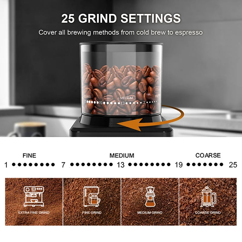 Coffee Grinder Automatic Electric Conical Grinder with Powder Blower 25 Precise Grindings for Espresso French Press 2-12 Cups