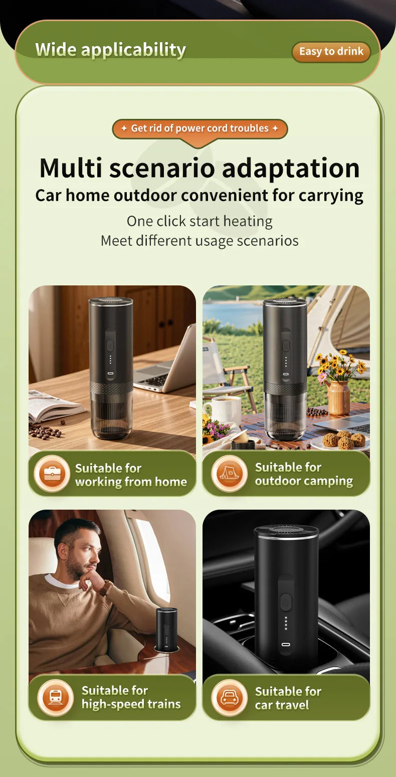 Wireless Electric Espresso Coffee Machine for Car & Home Camping Portable Coffee Maker 2-in-1 Capsule Powder Travel Coffee Maker