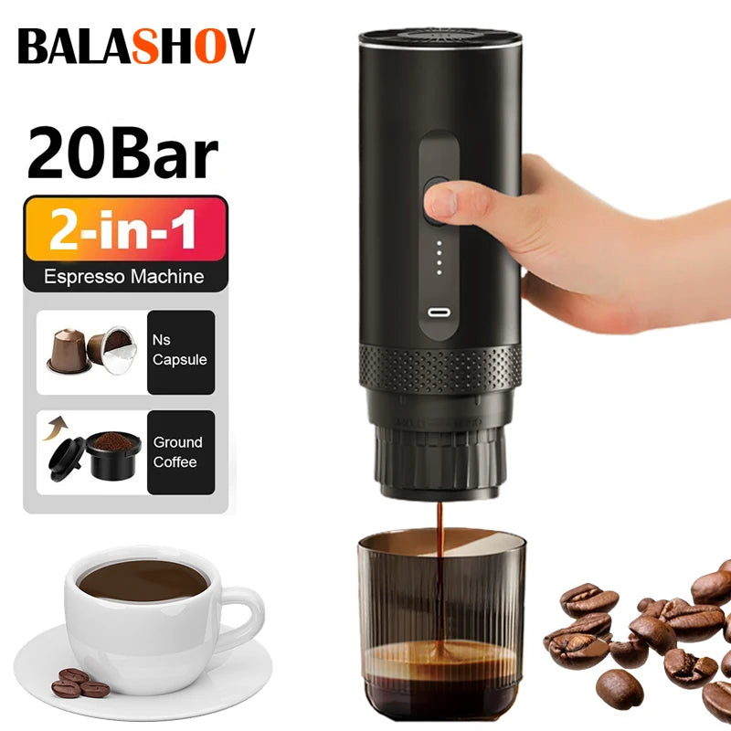 Wireless Electric Espresso Coffee Machine for Car & Home Camping Portable Coffee Maker 2-in-1 Capsule Powder Travel Coffee Maker