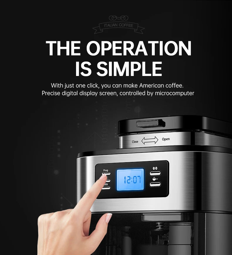 Fully automatic American coffee machine，Coffee beans or powder can be used，Electric grinding drip coffee machine 2-in-1