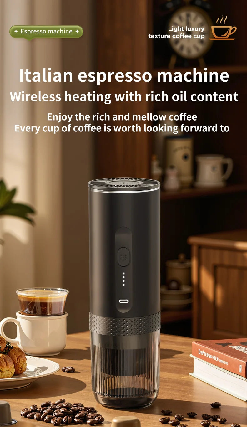 Wireless Electric Espresso Coffee Machine for Car & Home Camping Portable Coffee Maker 2-in-1 Capsule Powder Travel Coffee Maker