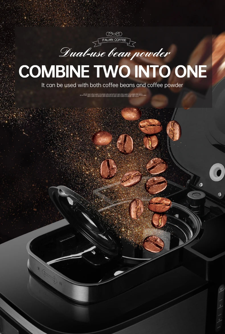 Fully automatic American coffee machine，Coffee beans or powder can be used，Electric grinding drip coffee machine 2-in-1