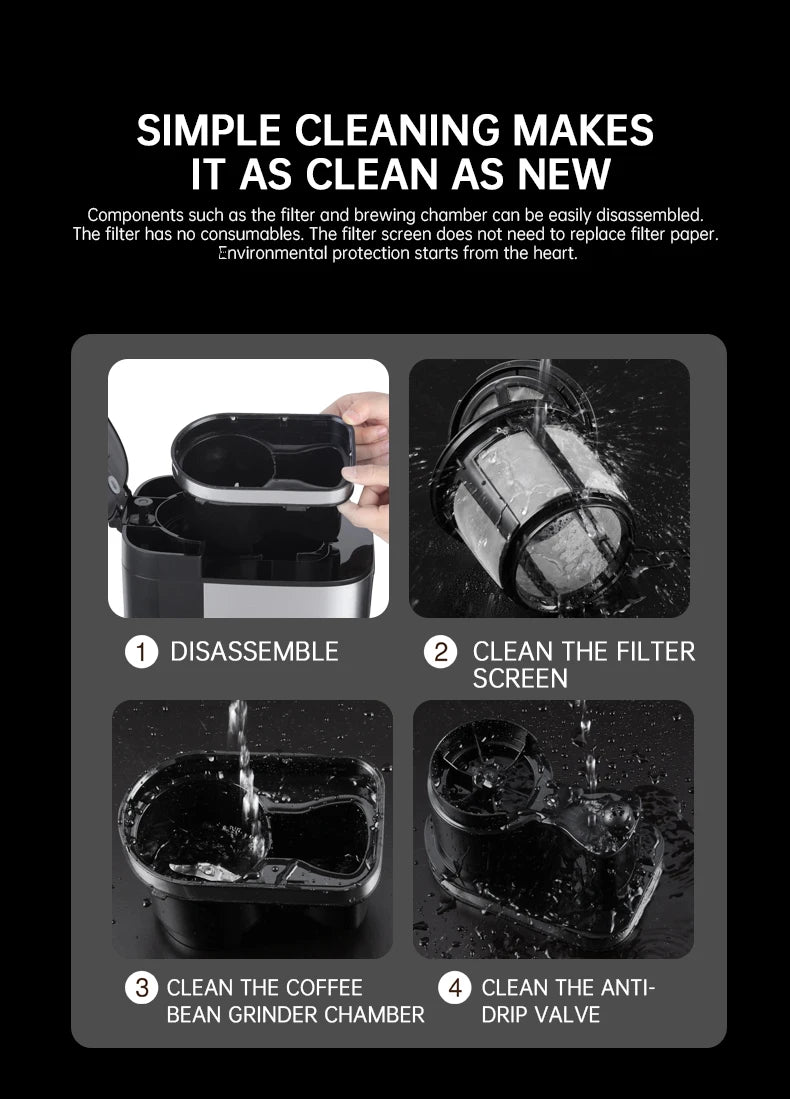 Fully automatic American coffee machine，Coffee beans or powder can be used，Electric grinding drip coffee machine 2-in-1