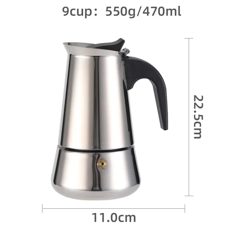 2/4/6/9Cup Coffee Maker Stainless Steel Espresso Maker 100-470ML Mocha Pot Espresso Maker For Home Kitchen Camping