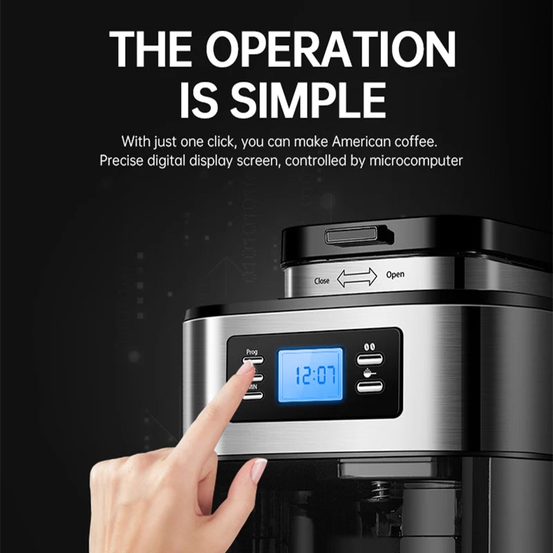 Fully automatic American coffee machine，Coffee beans or powder can be used，Electric grinding drip coffee machine 2-in-1