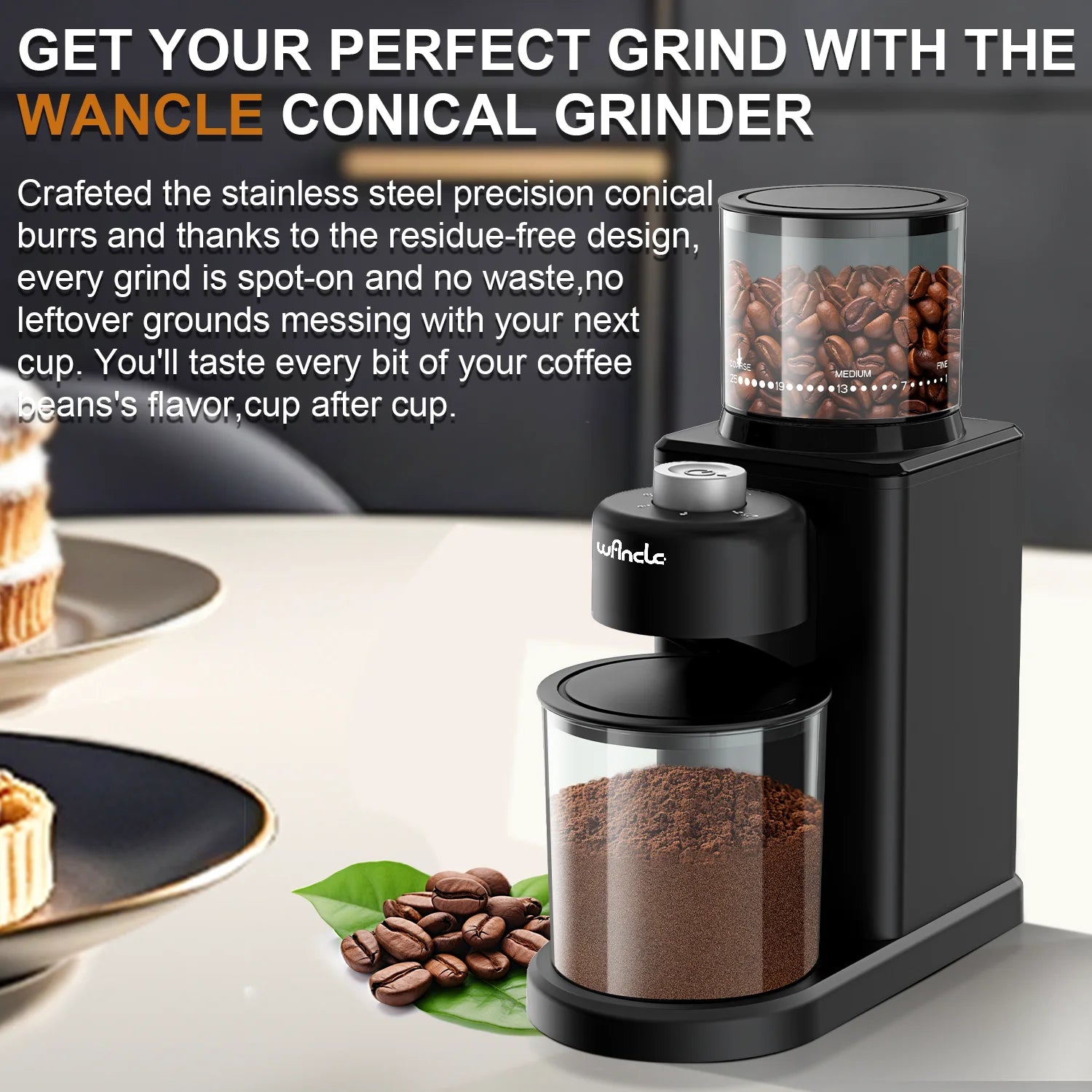 Coffee Grinder Automatic Electric Conical Grinder with Powder Blower 25 Precise Grindings for Espresso French Press 2-12 Cups