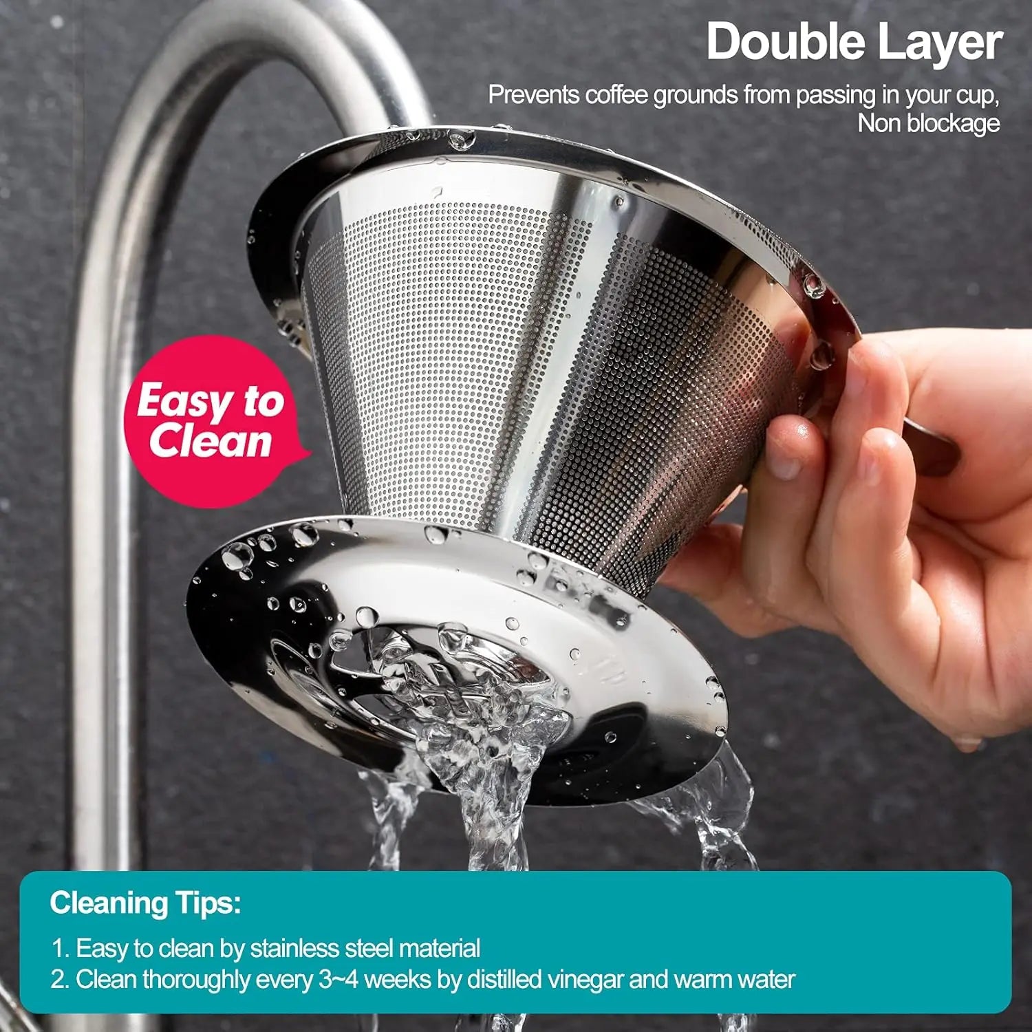 Pour Over Coffee Dripper,Slow Drip Paperless Coffee Filter,Stainless Steel Pour Over Coffee Maker,Double Mesh Design,Reusable