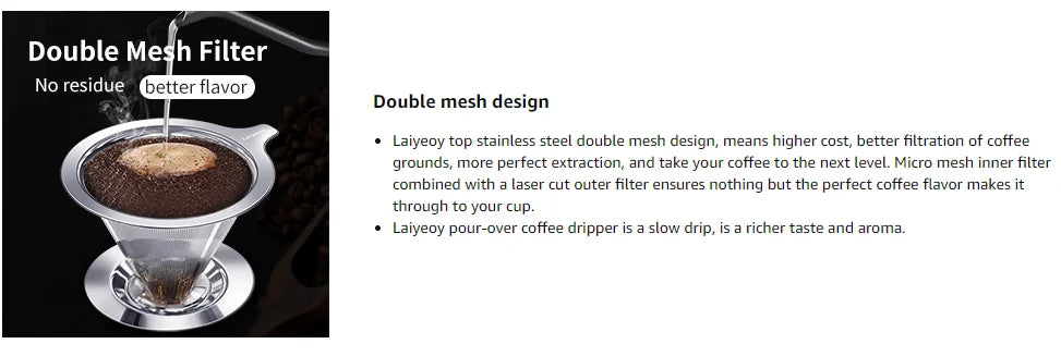 Pour Over Coffee Dripper,Slow Drip Paperless Coffee Filter,Stainless Steel Pour Over Coffee Maker,Double Mesh Design,Reusable