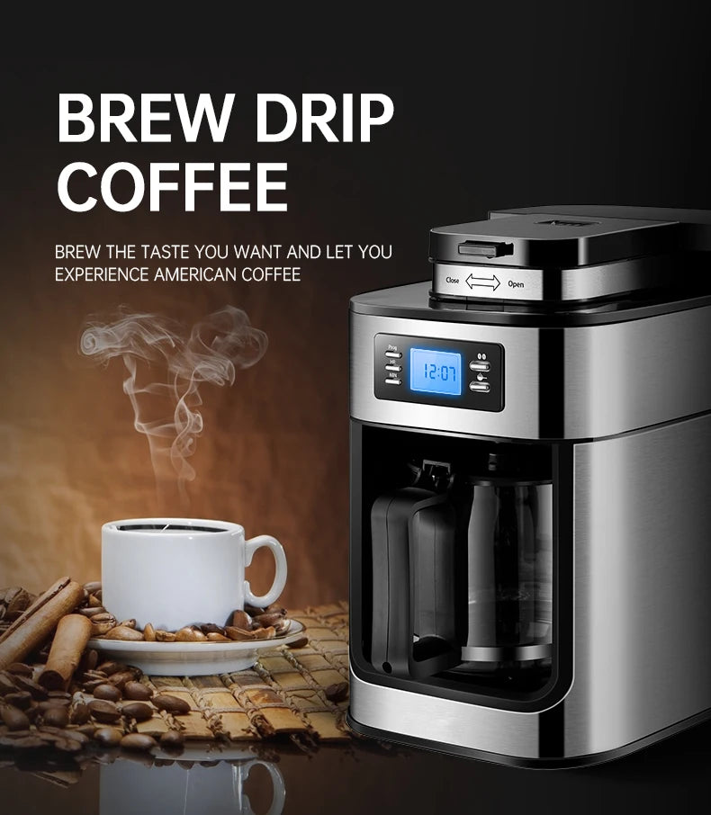 Fully automatic American coffee machine，Coffee beans or powder can be used，Electric grinding drip coffee machine 2-in-1
